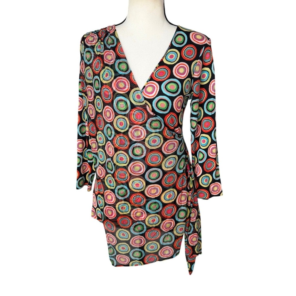 Lynn Ritchie Silk Cotton Long Sleeve‎ Colorful Circle Print Faux Wrap Blouse Y2K